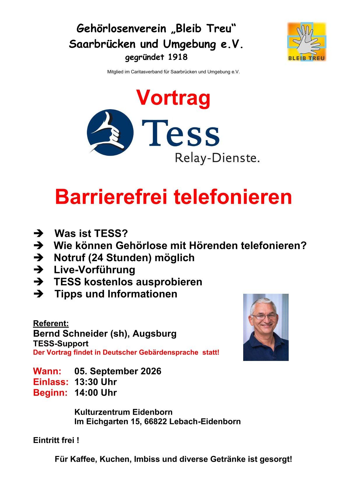 Plakat für Vortrag zu TESS-Relay-Diensten: barrierefreies Telefonieren für gehörlose Menschen, mit Termin und Referent.