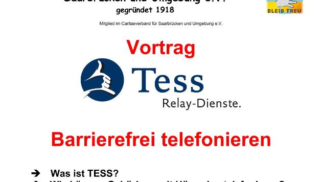 Plakat für Vortrag zu TESS-Relay-Diensten: barrierefreies Telefonieren für gehörlose Menschen, mit Termin und Referent.