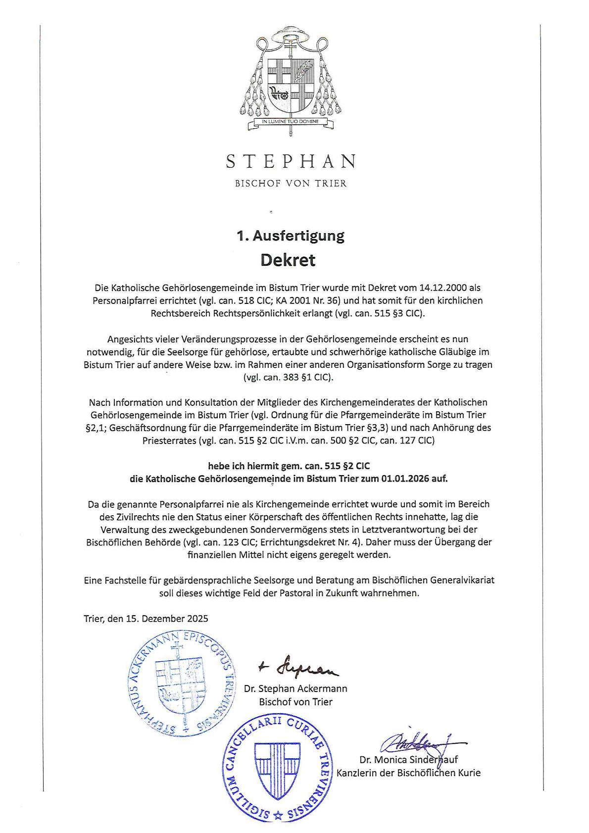 Offizielles Dekret des Bistums Trier mit Text, Unterschriften und Siegeln zur Gehörlosengemeinde.