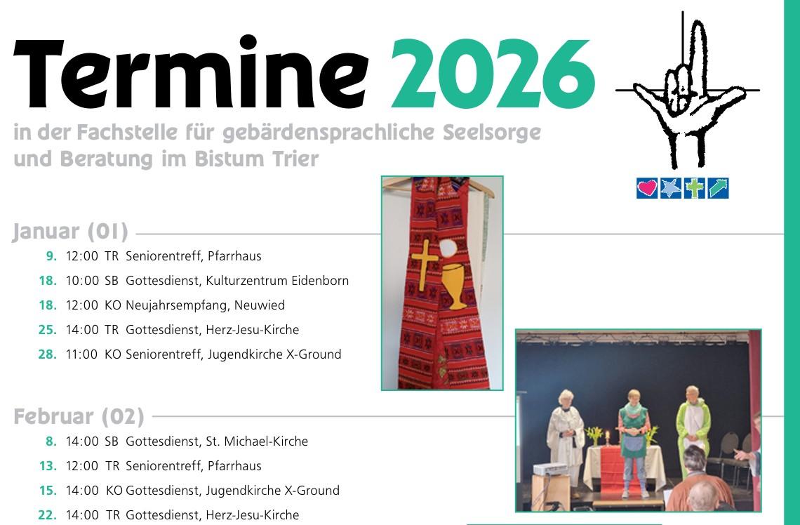 Veranstaltungsübersicht 2026 der Fachstelle für gebärdensprachliche Seelsorge im Bistum Trier.