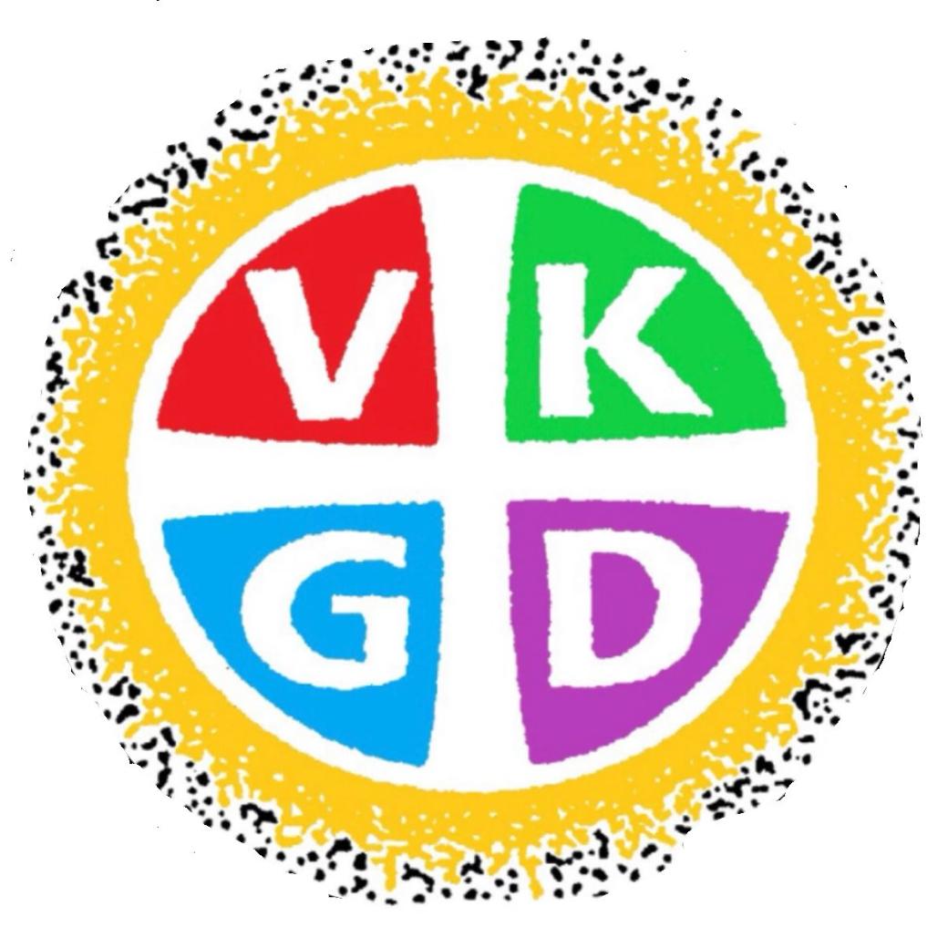 Rundes, buntes Logo mit den Buchstaben V, K, G und D in vier Farbfeldern, umgeben von einem gelben Kreis.