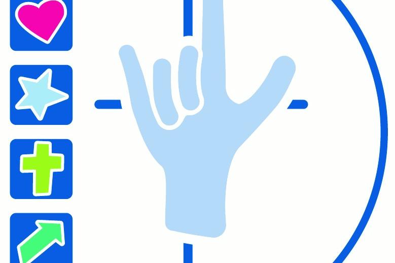 Stilisierte Hand in Gebärde vor dem Kreuz, umgeben von Symbolen für Herz, Stern, Kreuz und Wegweiser, dazu ein Kreis eingezeichnet als Gemeinschaft