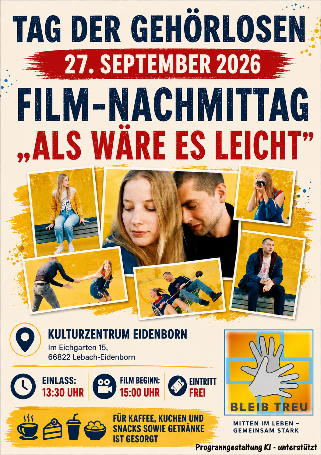 Plakat zum Tag der Gehörlosen 2026 mit Filmnachmittag „Als wäre es leicht“ im Kulturzentrum Eidenborn.