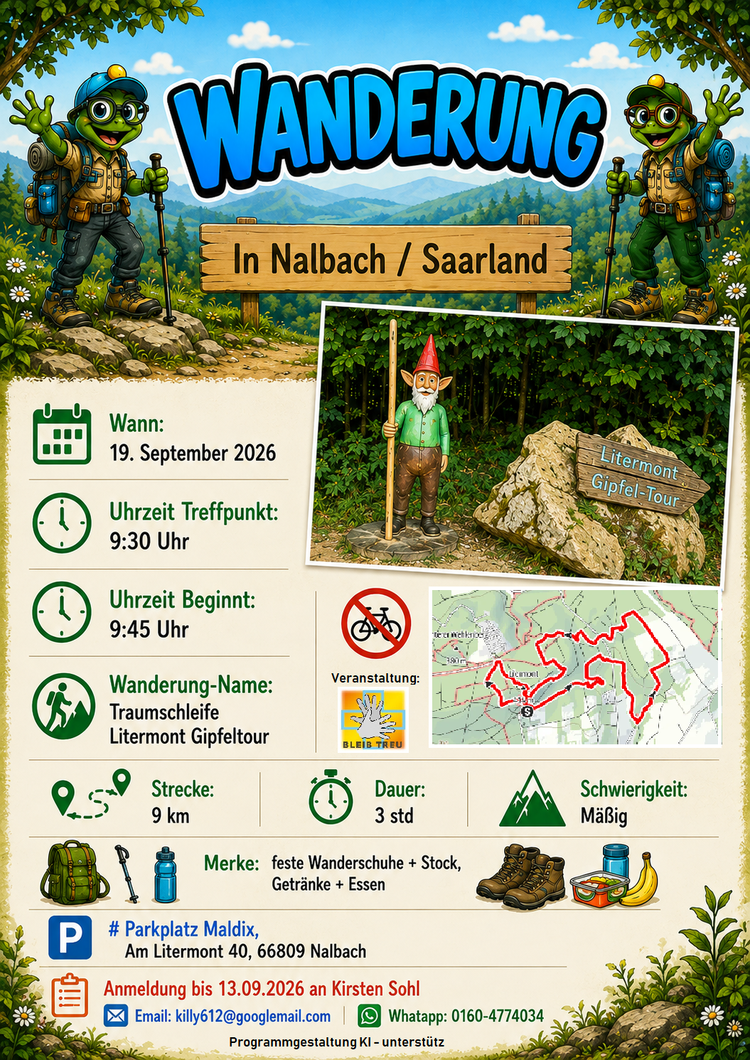 Bunt gestaltetes Wanderplakat mit Karte der Litermont-Gipfeltour und allen wichtigen Veranstaltungsdaten