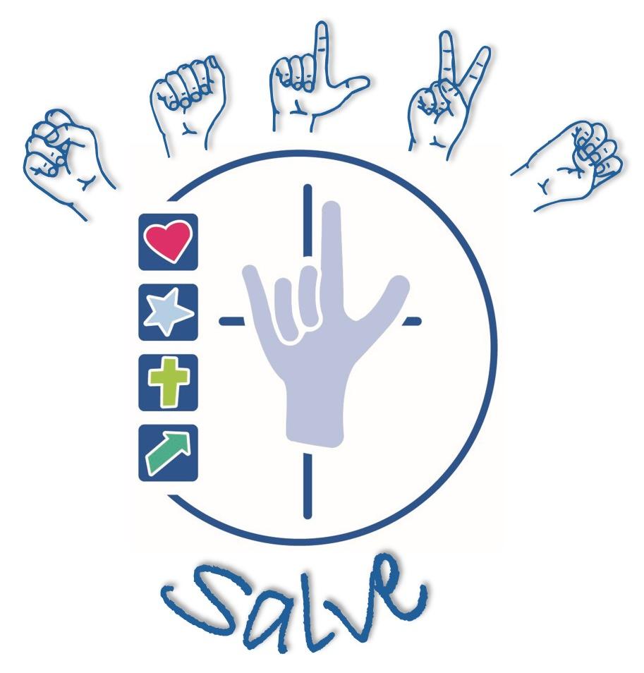 Logo mit Gebärdenhand sowie Symbolen für Herz, Stern, Kreuz und Wegweiser; darunter der Schriftzug „Salve“; oben der Schriftzug in Fingeralphabet.