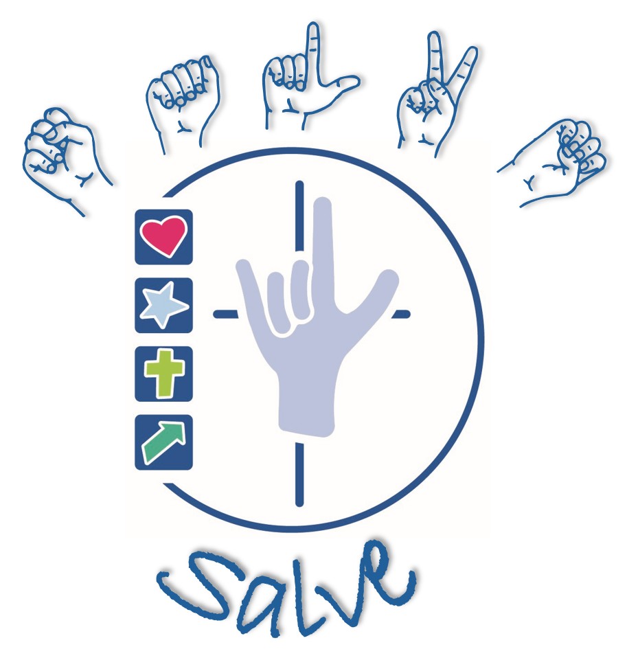 Logo mit Gebärdenhand sowie Symbolen für Herz, Stern, Kreuz und Wegweiser; darunter der Schriftzug „Salve“; oben der Schriftzug in Fingeralphabet.