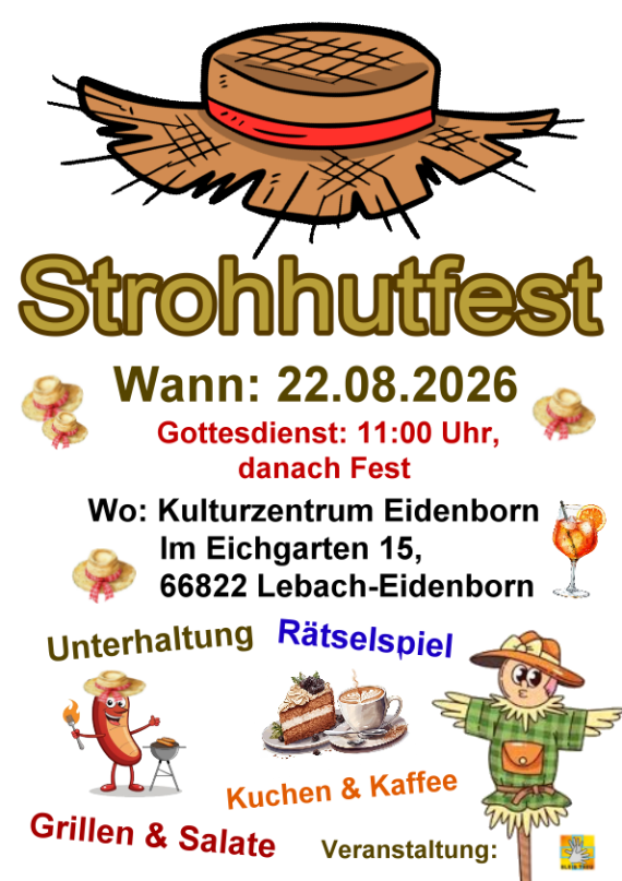 Veranstaltungsplakat zum Strohhutfest 2026 mit Infos zu Gottesdienst, Fest, Essen und Rätselspiel.