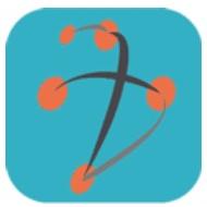 Türkises App-Symbol mit stilisiertem Kreuz und orangefarbenen Punkten auf gebogenen Linien.