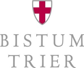 Logo des Bistums Trier mit rotem Kreuz im Wappenschild und Schriftzug „Bistum Trier“.